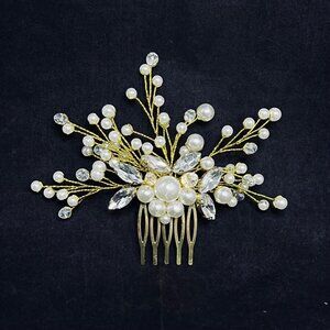 Gold Tone, Faux Pearl And Clear Rhinerstone Bridal Hair Comb (5477)